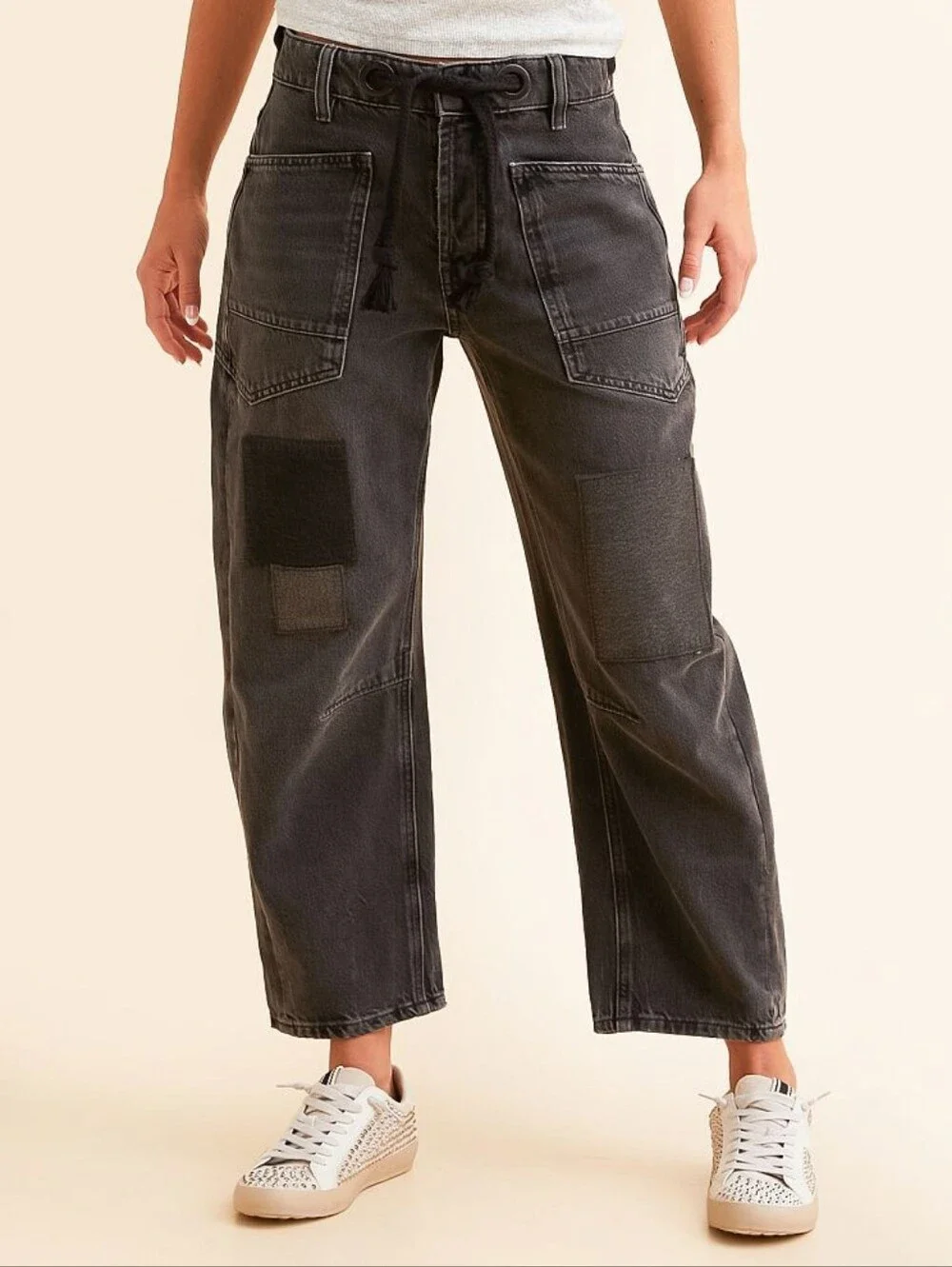 Free People Moxie Low Slung Pull-On Barrel Jeans Nighthawk Black Size 30
